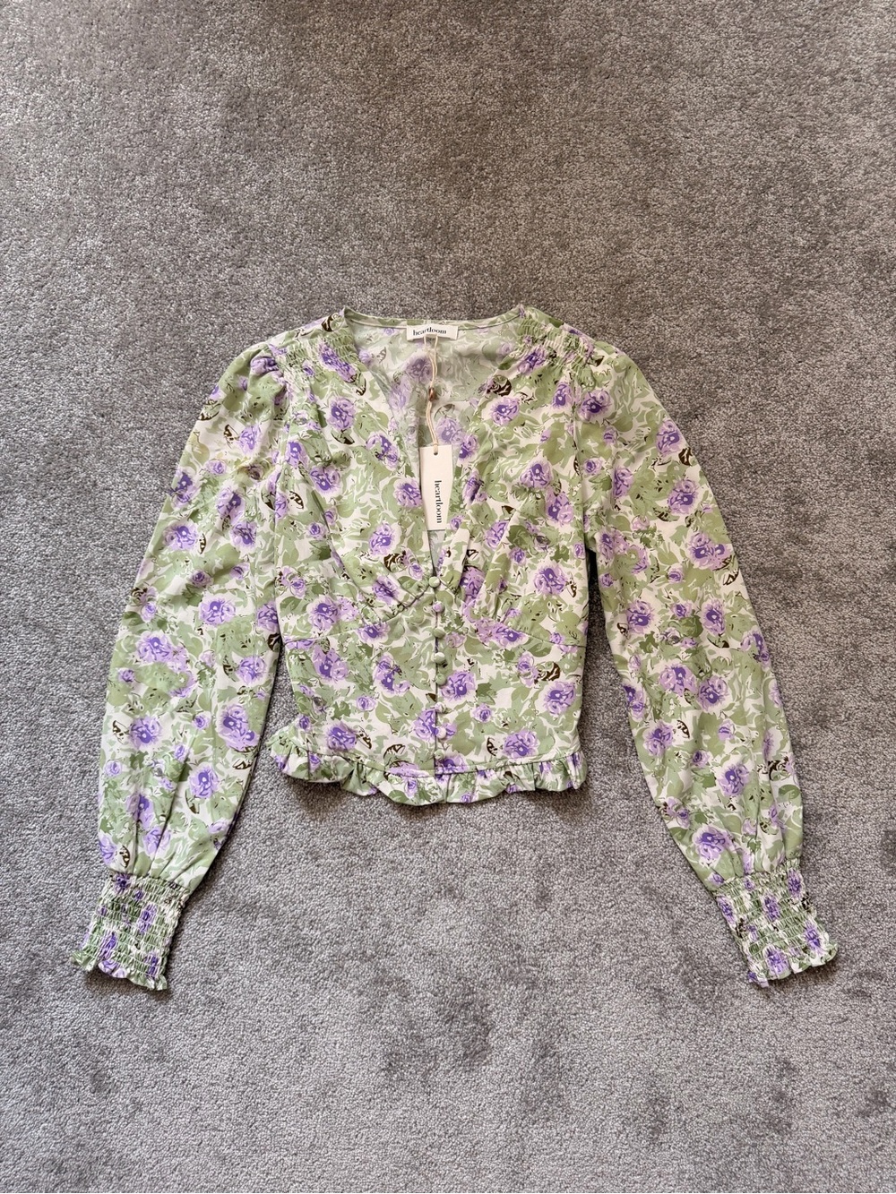 Heartloom Green Floral V-Neck Button-Front Blouse with Lilac Roses